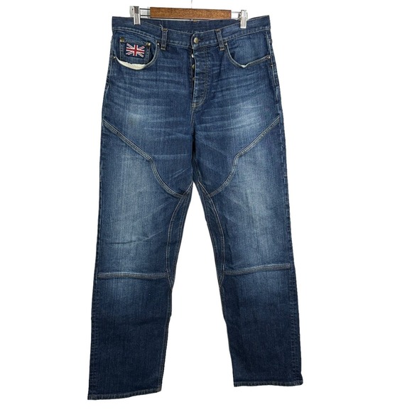 TRIUMPH MOTORCYCLE Jeans Blue Gusseted Double Knee Denim Flap Pockets 36X34 - Picture 1 of 16